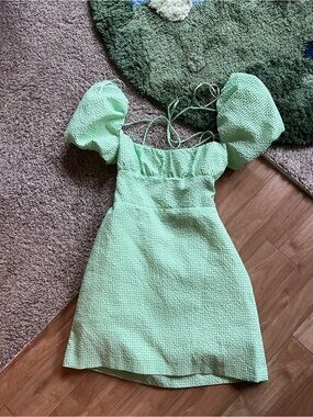 Zara Light Green Puff-Sleeve Mini Dress